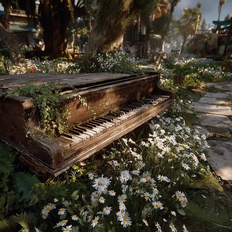 An_old_grand_piano-overgrouwn_with_flowers Plot Fragments An old, weathered piano sits abandoned outdoors, overgrown with moss, vines, and wild daisies, surrounded by lush greenery and dappled sunlight filtering through trees.