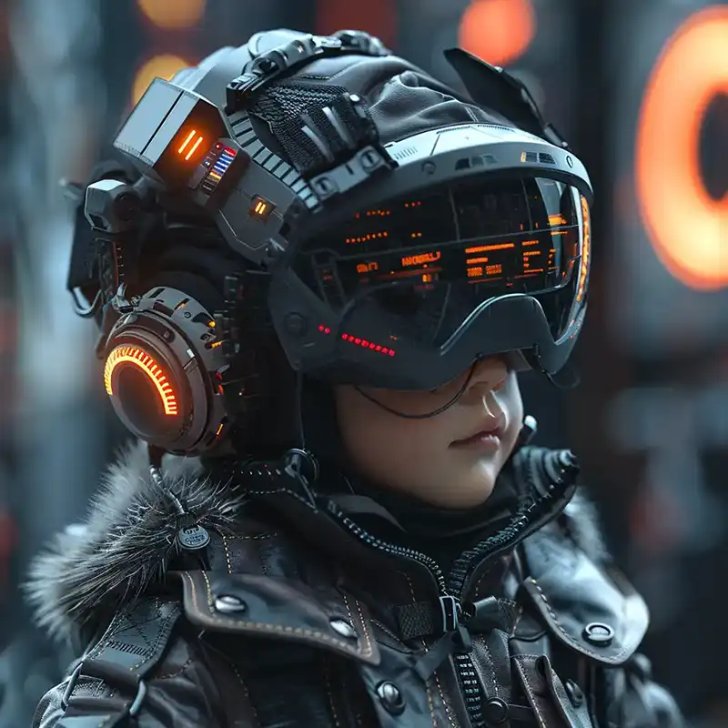 Cplot-fragment-103 Plot Fragments A person wearing a futuristic helmet with digital visors, glowing orange lights, and high-tech gear, dressed in a dark, padded jacket in a sci-fi setting with blurred illuminated panels in the background.