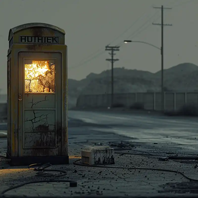 Plot Fragments A cracked, old phone booth with a glowing light inside stands on an empty, desolate road. Debris and wires are scattered around, and distant hills and utility poles loom under a gloomy sky.