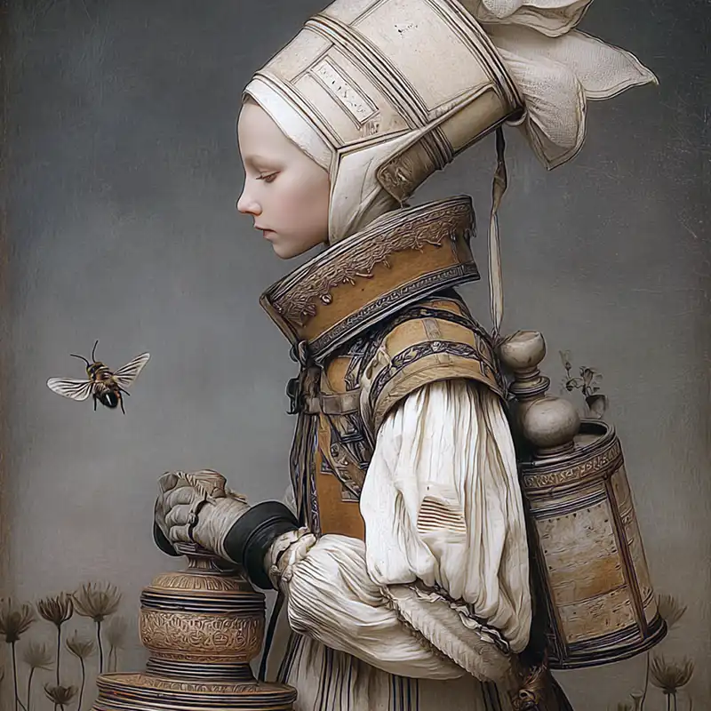 bee_keeper Plot Fragments A young person in elaborate, medieval-inspired attire and a tall headdress stands in profile, holding a vessel, while a bee hovers nearby. The background features muted flowers and soft, artistic lighting.