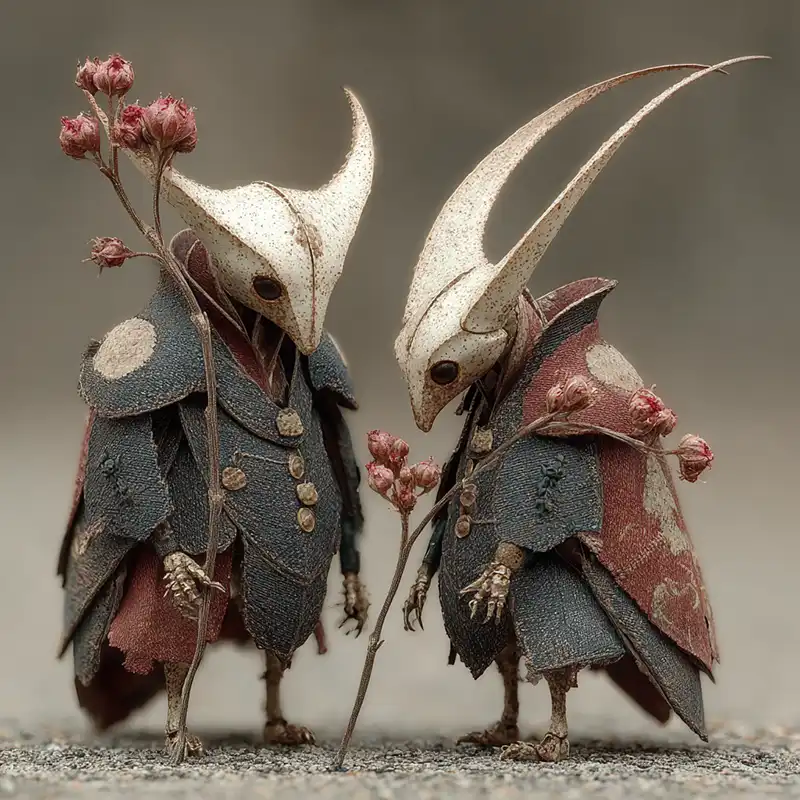 Plot Fragments Two small, fantasy creatures with long, curved horns wear tattered coats and hold pink flowers. Their attire is ornate and textured, with patches and buttons, evoking a whimsical, otherworldly atmosphere.