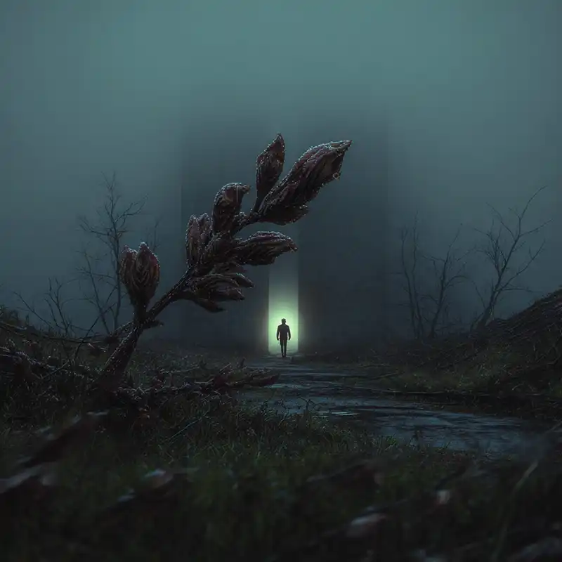 Plot Fragments A lone figure walks toward a glowing green doorway in a dark, foggy landscape, surrounded by barren trees and large, ominous plant buds in the foreground. The atmosphere is eerie and mysterious.