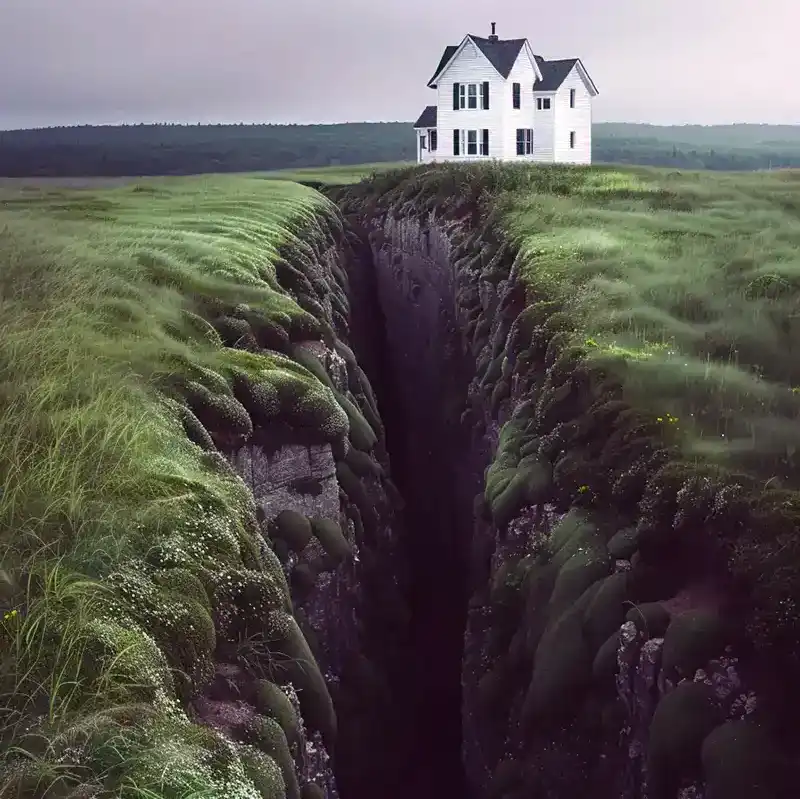 Plot Fragments A white house stands at the edge of a deep, narrow chasm cutting through a green grassy field, with dramatic contrast between the lush land and the dark crevice below.