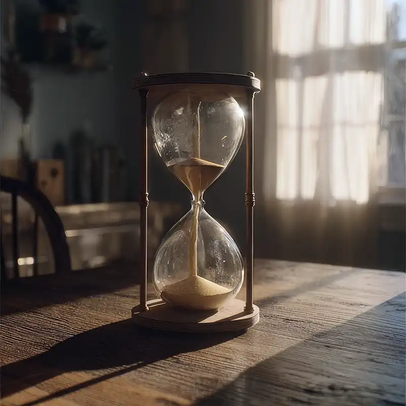 Plot Fragments An hourglass with sand flowing through the center sits on a wooden table, illuminated by warm sunlight streaming through a nearby window, casting shadows across the surface.