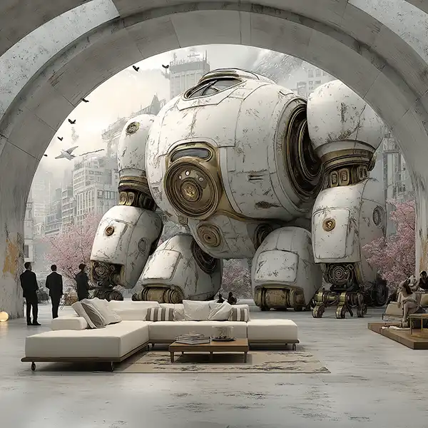 Plot Fragments A large, weathered robot with gold accents stands in an urban archway near modern furniture, while people in suits observe. Pink-blossomed trees and tall buildings are visible in the background.