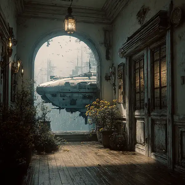image-story-starters102 Plot Fragments A futuristic spaceship hovers outside an old, ornate hallway with wooden floors, potted plants, and decorative doors, blending sci-fi and vintage aesthetics.