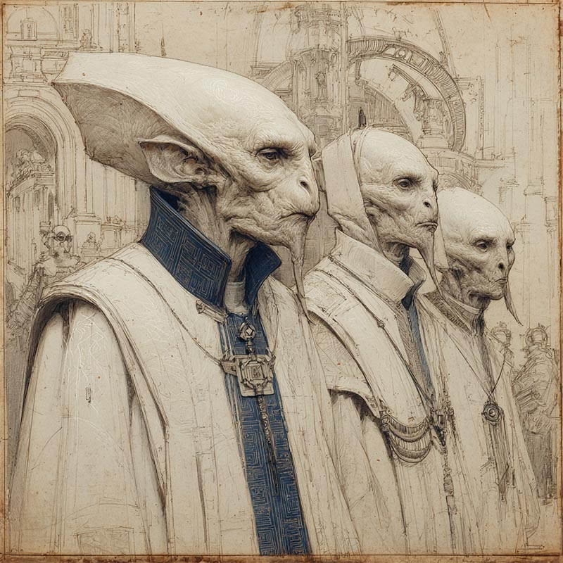 Plot Fragments Three humanoid aliens with elongated heads and pointed ears, dressed in ornate white robes and intricate necklaces, stand in front of detailed architectural structures with arcades and arches.
