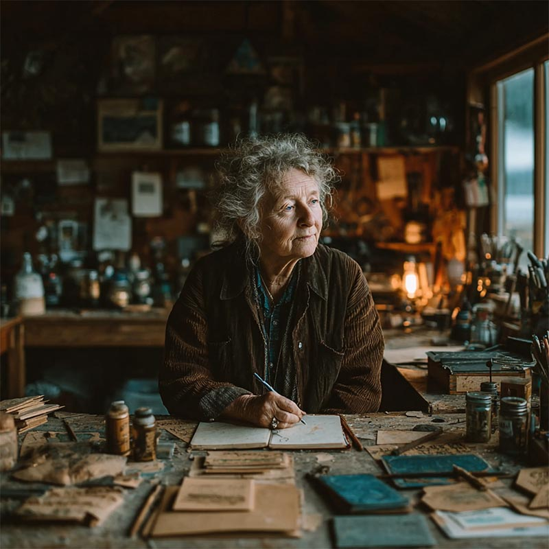 Plot Fragments An elderly woman with curly gray hair sits at a cluttered wooden workbench, writing on paper, surrounded by books, jars, and art supplies in a warmly lit, rustic studio.