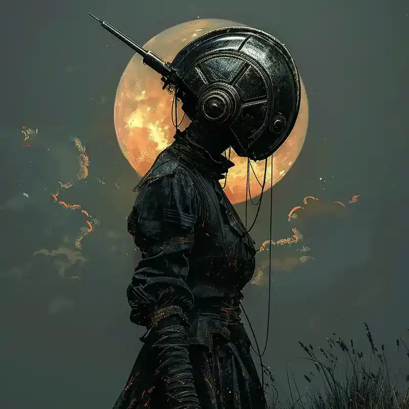 plot-fragment-100 Plot Fragments A person in dark, Victorian-style clothing stands in profile at night, wearing a large, round, metallic helmet with wires. A full moon glows in the background, casting an eerie and surreal atmosphere.