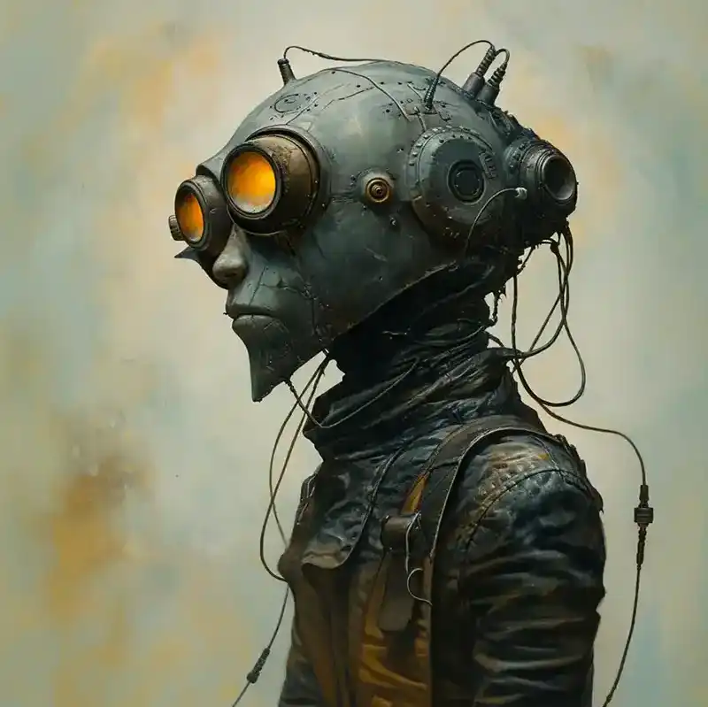 plot-fragment-101 Plot Fragments A humanoid figure wearing a futuristic, steampunk-style helmet with large orange goggles and wires extending from it, dressed in dark, rugged clothing against a soft, neutral background.