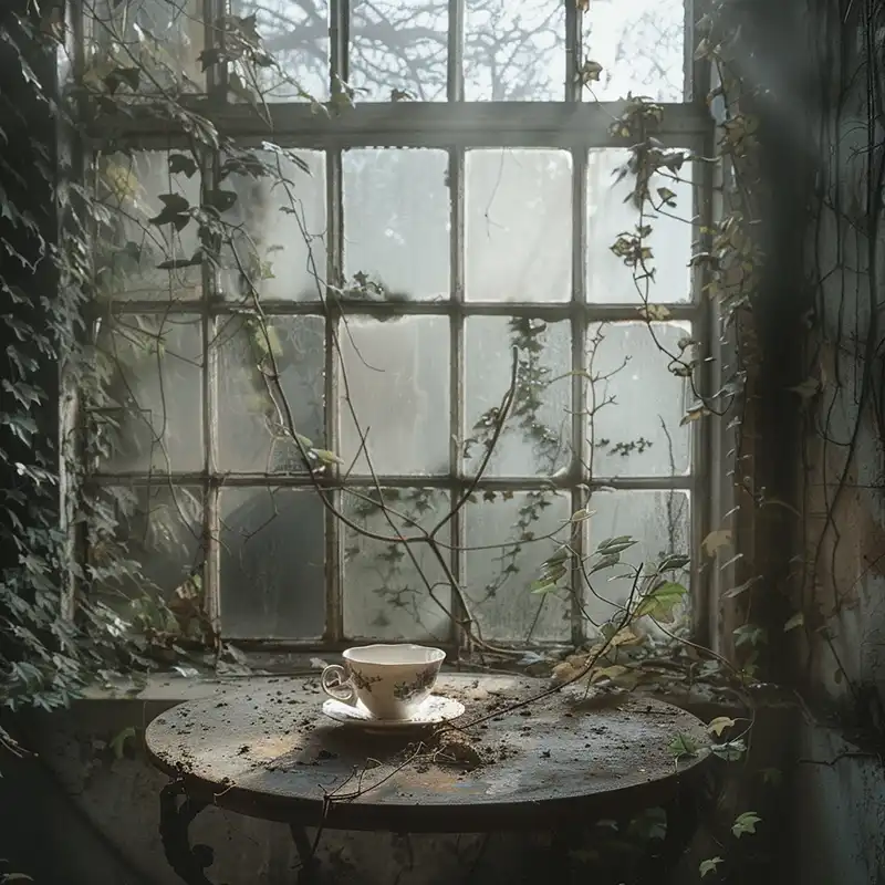 Plot Fragments A dusty teacup and saucer sit on an old, round table in front of a large, dirty window covered with vines and leaves. Soft light filters through the glass, creating a moody, abandoned atmosphere.