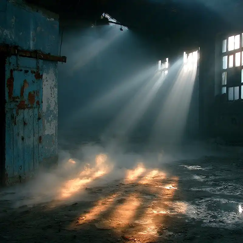 Plot Fragments Sunlight streams through dusty windows of an abandoned, dimly lit building, casting bright beams and illuminating patches of mist and puddles on the worn, dirty floor.