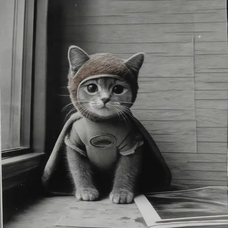 Plot Fragments A kitten wearing a small cape and a helmet sits by a window, looking directly at the camera. The black-and-white photo gives the scene a vintage feel.