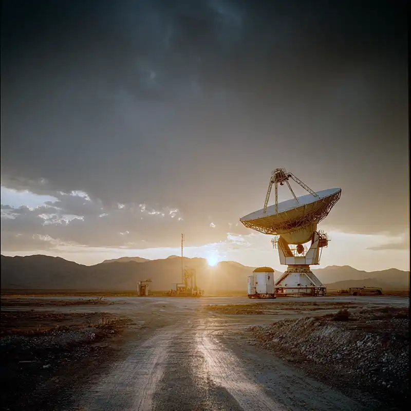 Plot Fragments A large radio telescope dish stands in a barren landscape at sunset, with mountains in the background and dramatic clouds in the sky. The sun is partially hidden behind the dish, casting a warm glow.