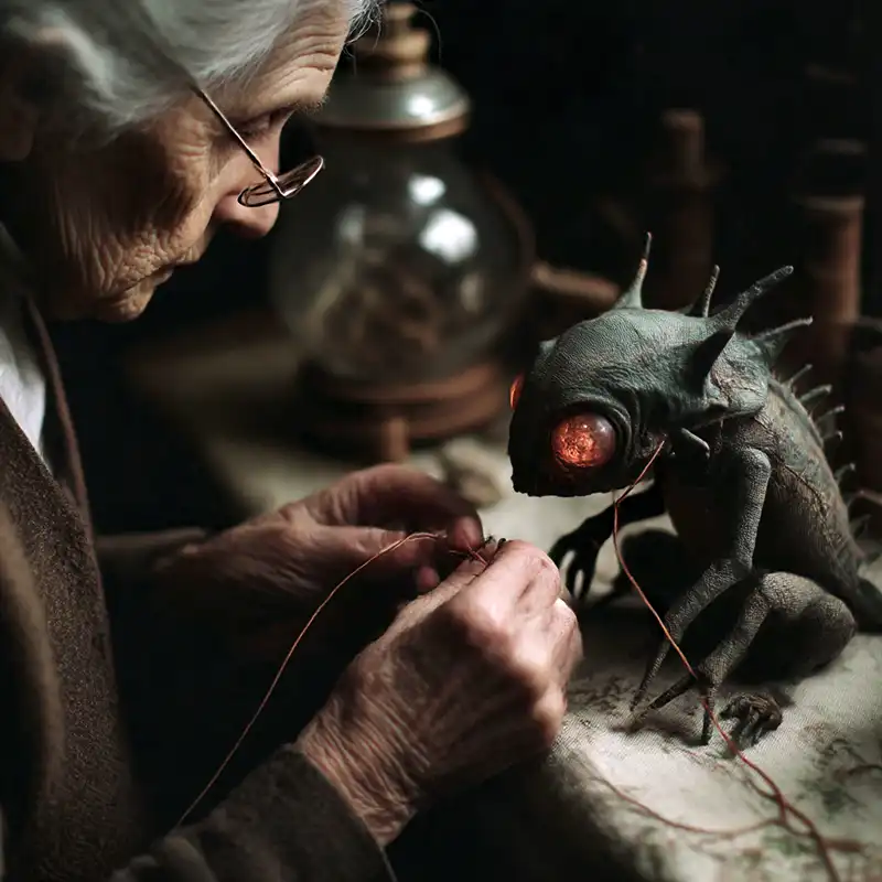 Plot Fragments An elderly person with glasses carefully repairs a small, fantasy creature with glowing eyes and spiky features, sitting on a cluttered worktable lit by a vintage lamp.