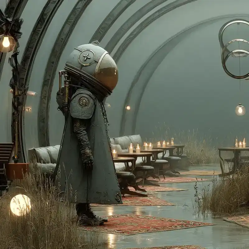 Plot Fragments A person in a vintage, bulky spacesuit stands in a dim, arched room with candles, scattered chairs, red rugs, and overgrown grass, creating a blend of sci-fi and abandoned elegance.