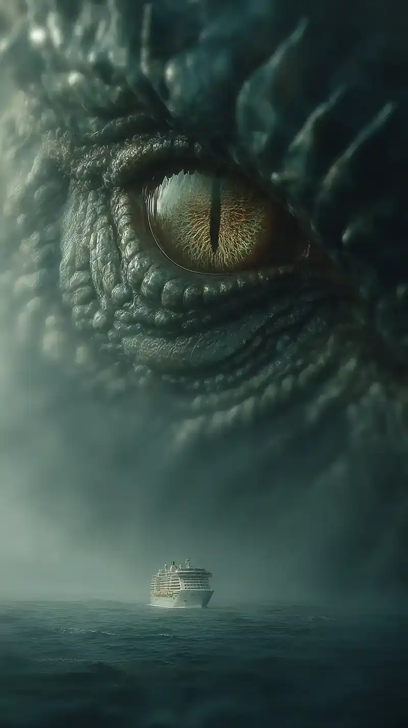 Plot Fragments A massive reptilian eye with scaly skin looms in the mist above an ocean, gazing intently at a small cruise ship sailing below, creating a sense of suspense and scale.