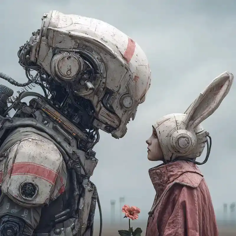 Plot Fragments A large robot with a weathered helmet faces a person wearing a pink coat and a rabbit-eared hood, who is holding a pink flower. They stand close together, gazing at each other against a cloudy sky.