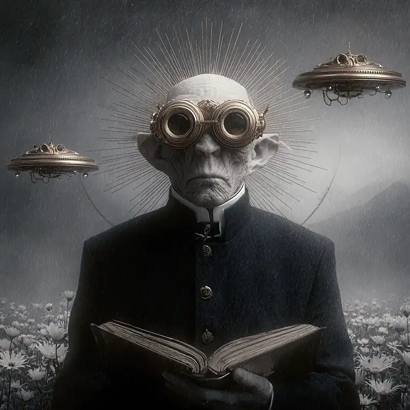 plot-fragments-107 Plot Fragments An elderly figure with large goggles and radiating lines behind their head holds an open book in a field of flowers, while two hovering UFOs float in a dark, misty background.