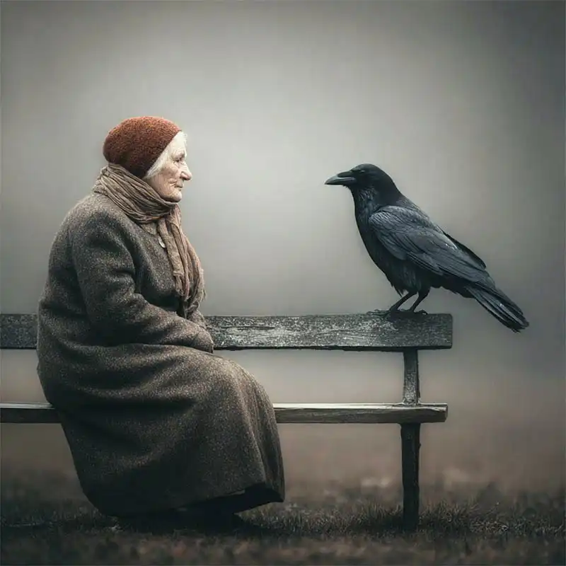 plot-fragments-110 Plot Fragments An elderly woman in a brown coat, scarf, and red knit hat sits on a bench, facing a large black crow perched beside her, both looking at each other in a foggy, muted outdoor setting.