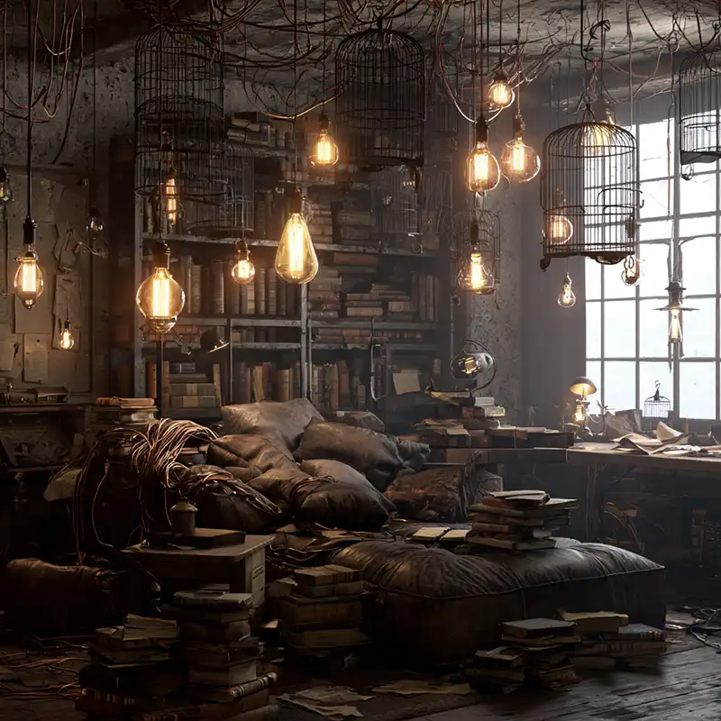 Plot Fragments A cluttered, dimly lit library with stacks of books, hanging lightbulbs, and birdcages suspended from the ceiling. Cozy armchairs and pillows are surrounded by books, beside tall shelves and a large window.