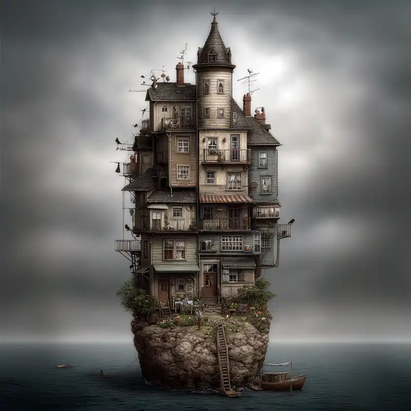 plot-fragments-whimsical_cliff-side_housing_photographi Plot Fragments A tall, whimsical house with many windows, balconies, and a tower stands on a small rocky island surrounded by water under a cloudy sky. A ladder and small boat rest by the rock’s base.