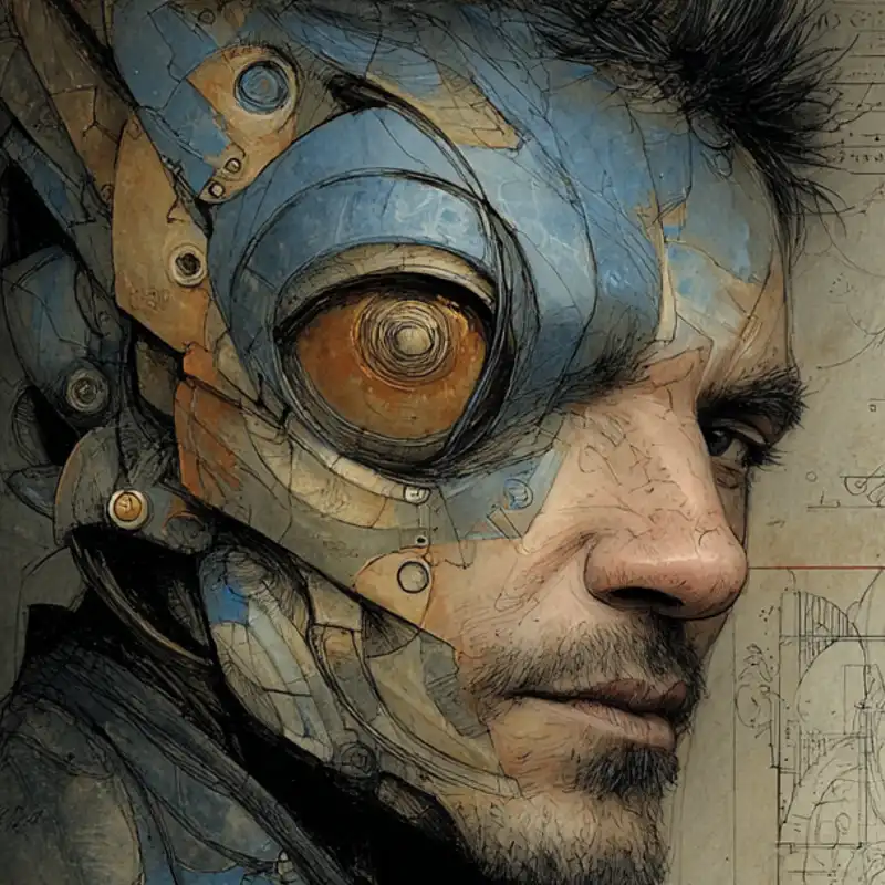 story-fragments-113 Plot Fragments A man’s face partially covered by intricate, blue and bronze mechanical parts, resembling a futuristic cyborg, with expressive brown eyes and detailed, technical background sketches.