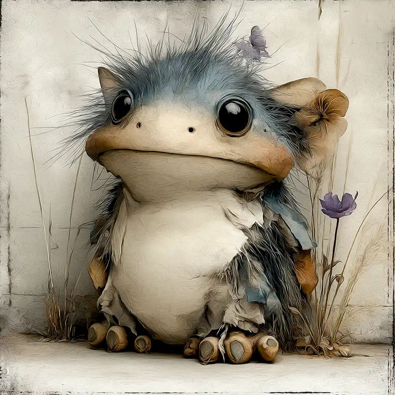 story-fragments=2 Plot Fragments A cute, round creature with big black eyes, blue and white fur, and large ears sits among dry grass and purple flowers, resembling a whimsical, fantasy animal.