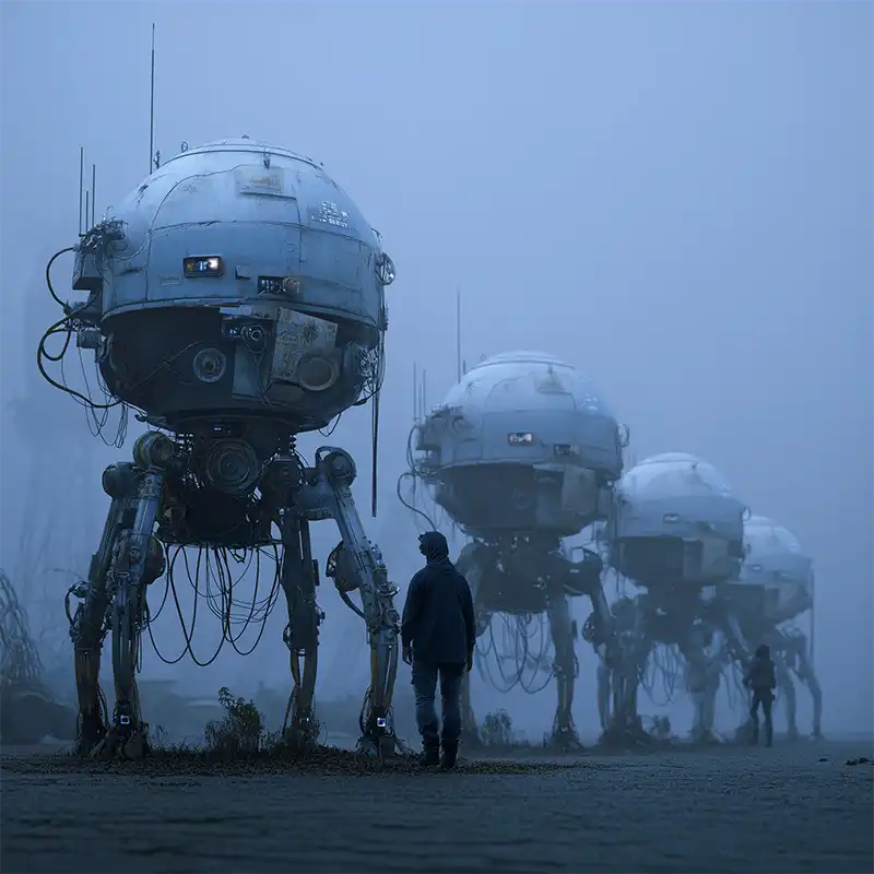 Plot Fragments A person stands near large, spherical, four-legged robotic machines lined up in a misty, fog-covered landscape. The scene appears futuristic and eerie, with muted blue-grey tones and low visibility.