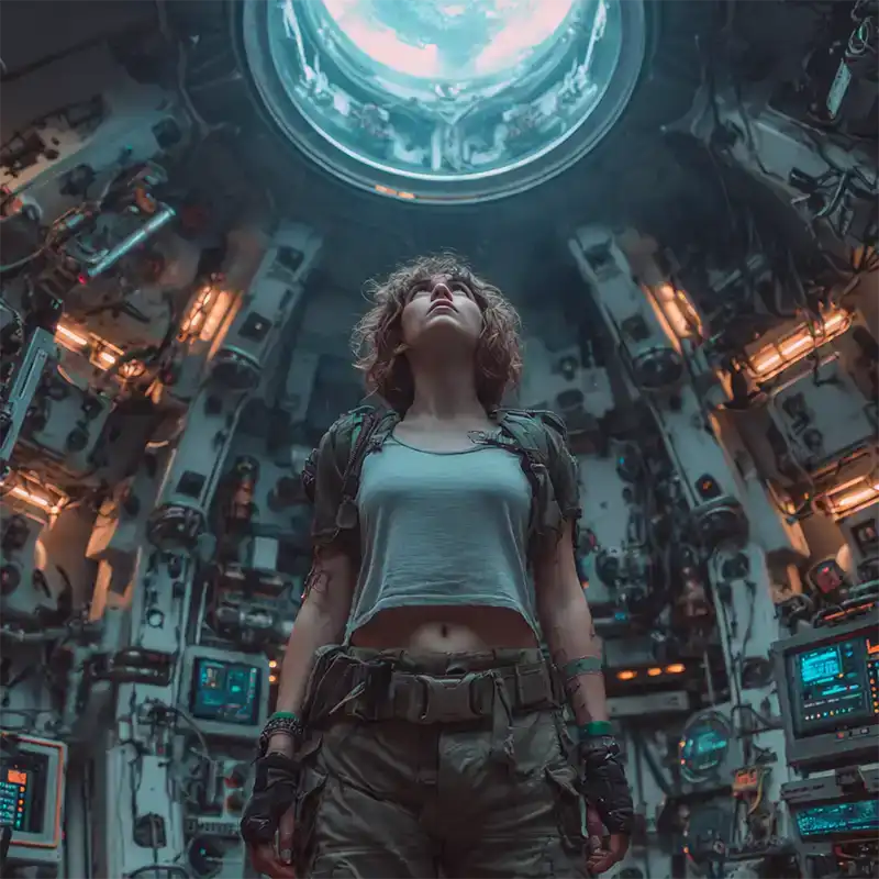 Plot Fragments A woman in tactical gear stands in a futuristic, high-tech control room, illuminated by blue light from a circular hatch above her, surrounded by monitors and machinery.
