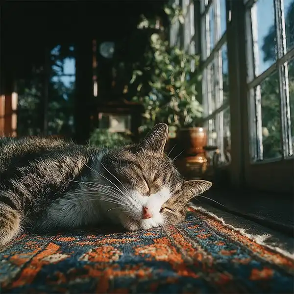 Plot Fragments A tabby cat sleeps peacefully on a colorful patterned rug in a sunlit room, with sunlight streaming through large windows and greenery visible outside.