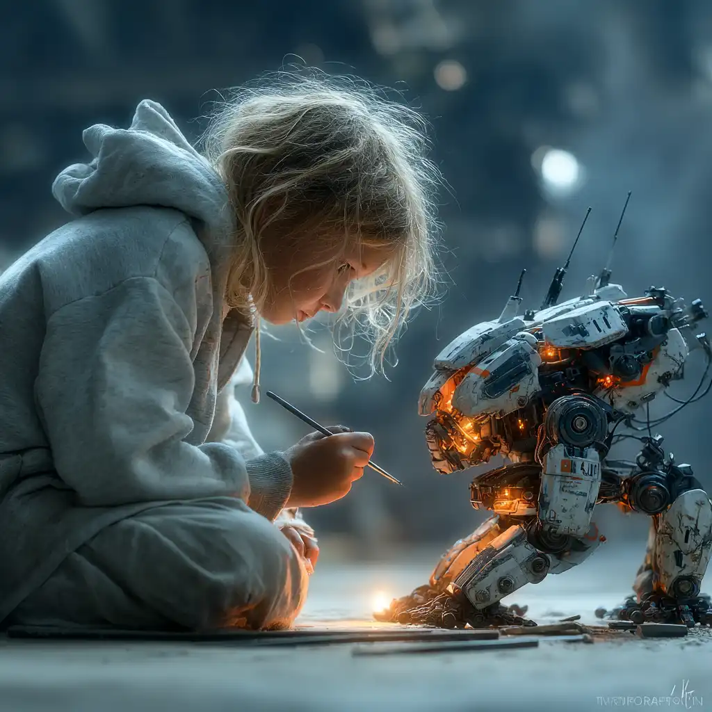 Plot Fragments A young child in a grey hoodie sits on the floor, intently repairing or painting a small, detailed robot that glows with orange lights. The background is softly blurred, creating a dreamy, futuristic atmosphere.