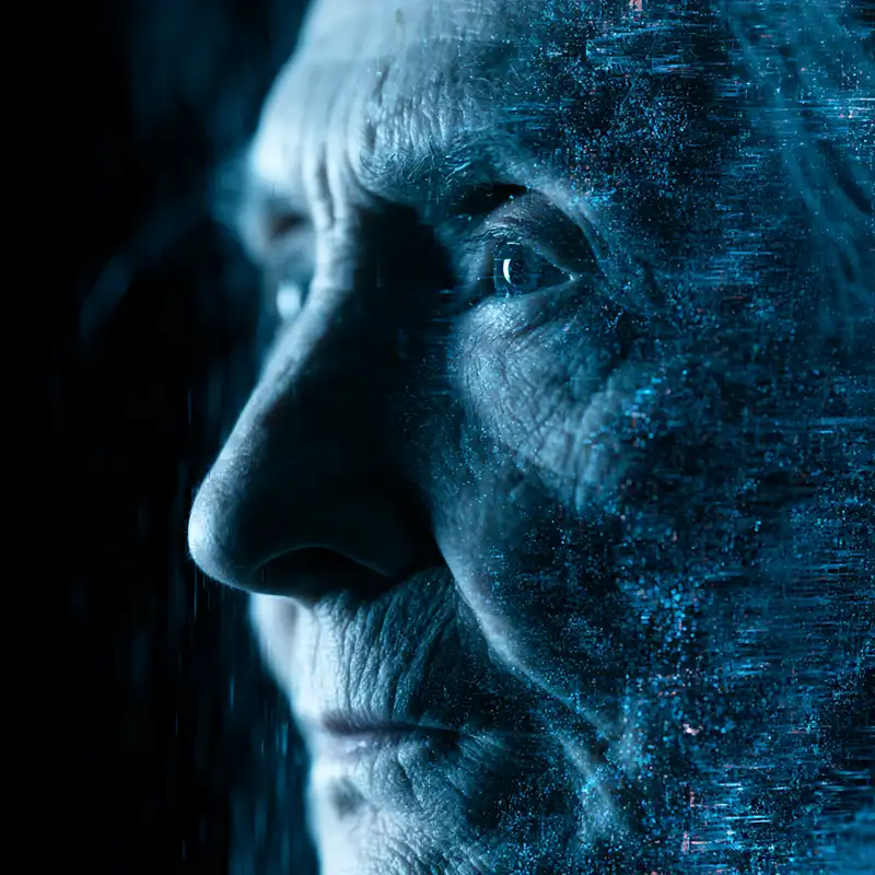 Plot Fragments Close-up of an elderly persons face in profile, illuminated with blue digital light effects, giving a futuristic and slightly pixelated appearance.