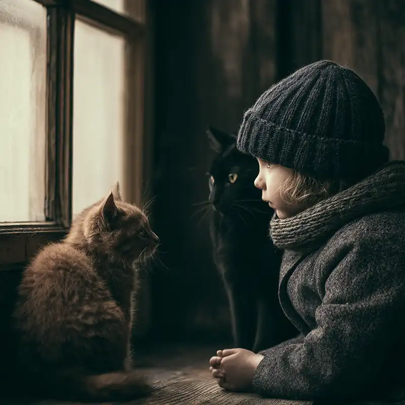 Plot Fragments A young child in a knit hat and scarf sits indoors by a window, gazing at a brown kitten while a black cat sits nearby. Soft natural light filters through the window, creating a warm, cozy atmosphere.