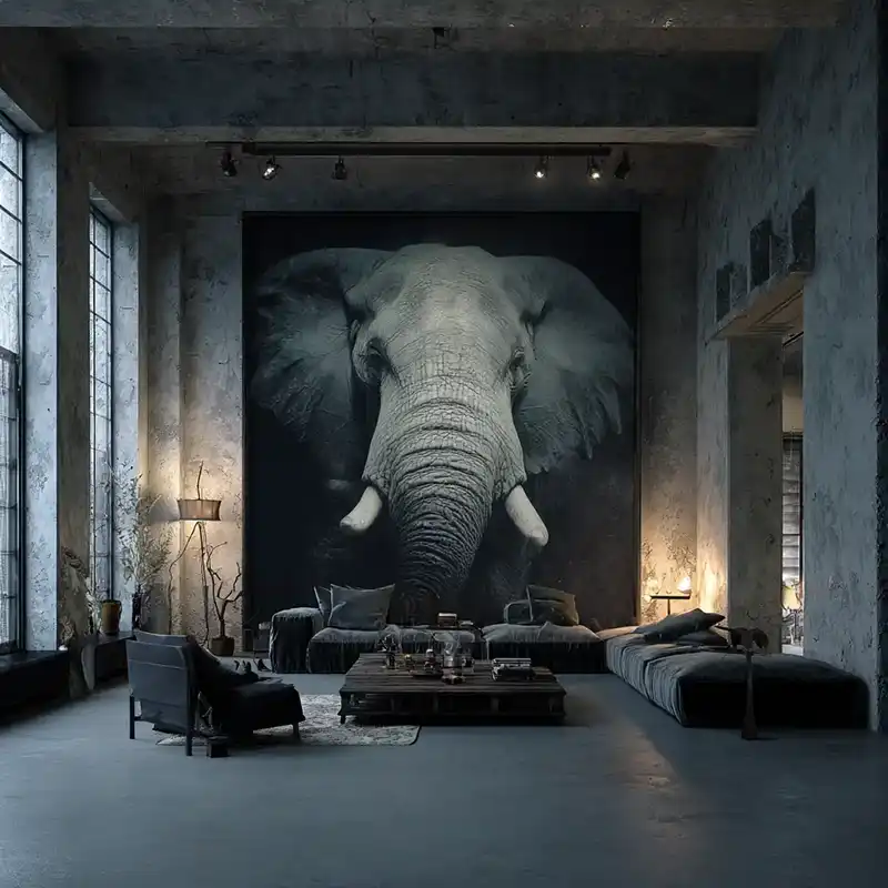eplephant_in_the_room_realistic_beautiful_photo Plot Fragments A spacious, modern living room with dark decor and industrial-style finishes features a large, dramatic black-and-white elephant portrait on the wall, surrounded by cozy seating and soft lighting.