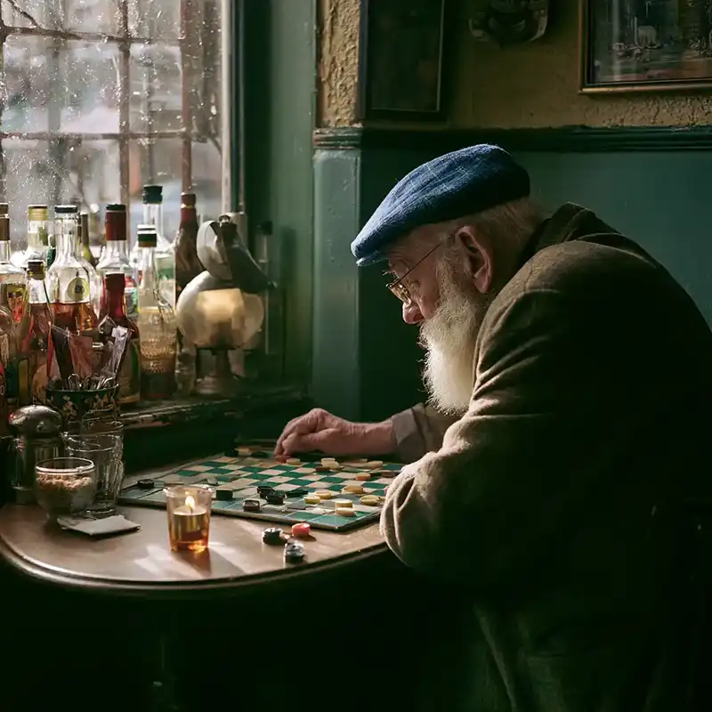 man_playing_checkers_at_a_cafe Plot Fragments An elderly man with a white beard and blue cap plays checkers alone at a small table by a window, surrounded by bottles and a glass of whiskey in a cozy, dimly lit room.