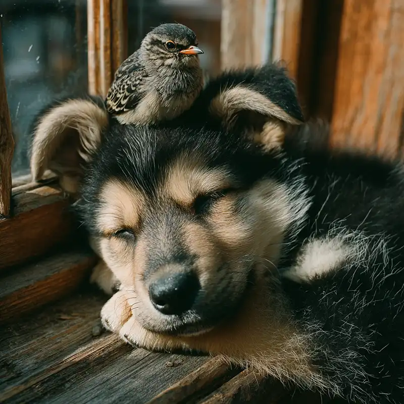 Plot Fragments A small bird perches on the head of a sleeping black and tan puppy lying by a wooden window, sunlight streaming in gently.
