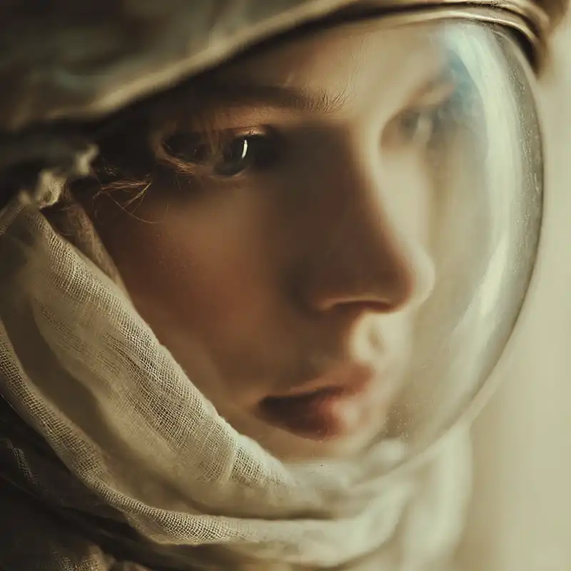 strange_--sref_1449779256_--v_7_46bbb31a-ba1b-432c-8831-33c02a4110a1_2 Plot Fragments A close-up of a person wearing a vintage-style astronaut helmet with a clear visor, softly lit, showing their thoughtful expression and wrapped in light-colored fabric.