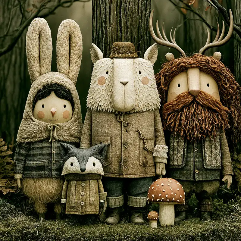 swcreative_httpss.mj.runOxeTTJXD8wM_misfit_woodland_creature__3e6b842d-1cd3-4457-a8c8-a99b30258db0_0 copy Plot Fragments Four whimsical forest creatures in cozy clothes stand together in a forest. From left to right: a bunny, a fox, a sheep, and a bearded deer, with a mushroom in front. The scene is cute and imaginative.