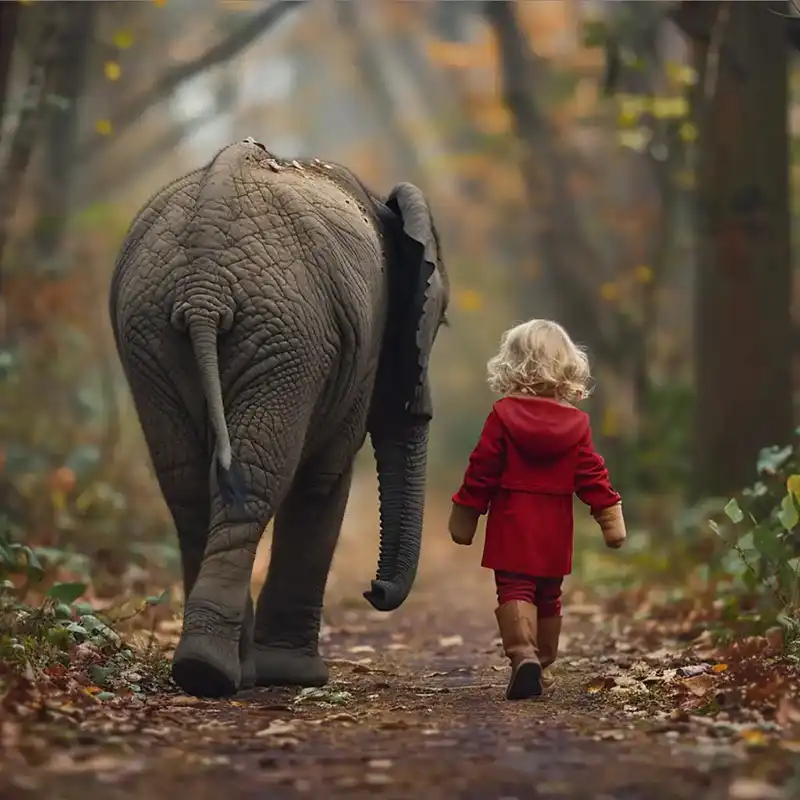 young_child_walking_an_elephant_on_a_path_in_the_forest Plot Fragments A small child in a red coat walks alongside a young elephant down a leaf-covered forest path, with autumn foliage in the background.